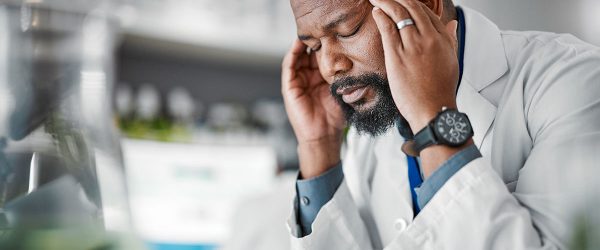 Headache, Stress And Black Man With Burnout From Science, Lab Work And Research Innovation. Sad, Frustrated And African Scientist With Migraine Pain, Anxiety And Tired From Healthcare Analysis