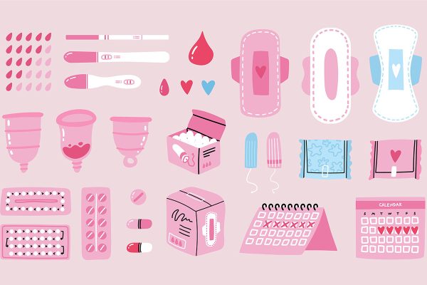 Set Of Feminine Hygiene Period Goods Isolated On White. Sanitary
