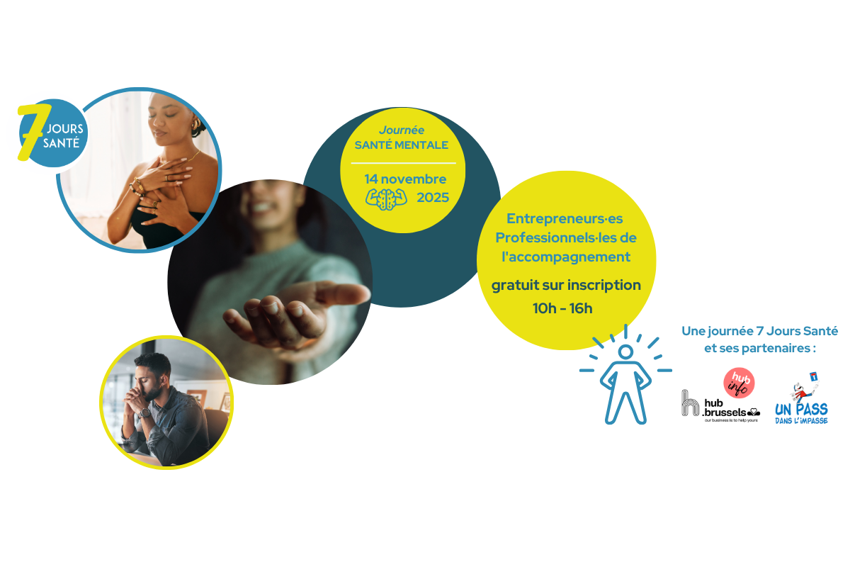 Affiche reprenant les infos de la journée du 14 novembre : Santé Mentale et Entrepreneuriat – des outils concrets et des échanges autour de l’impact de l’IA sur la santé des porteurs de projet AVEC info.Hub et Un pass dans l'impasse
